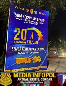 Satuan Lalu Lintas (Satlantas) Polres Jember Bersama Dinas Perhubungan Kabupaten Jember Melakukan Langkah Preventif Dengan Memasang Banner Imbauan Batas Kecepatan di Sejumlah Ruas Jalan.